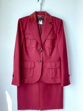 VTG Les Copains Red Wool Blend Tailored Pocket Jacket Pencil Skirt Set 46 10/12